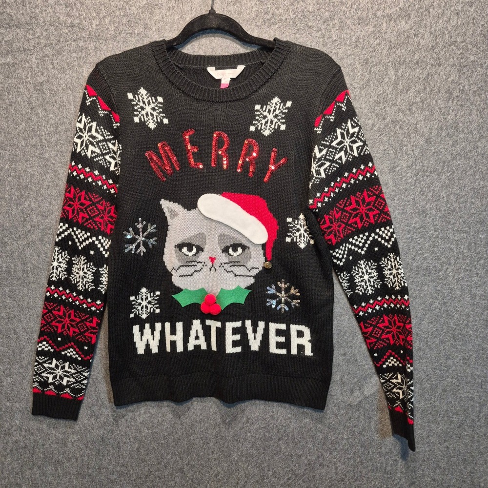 No Boundaries Ugly Christmas Sweater Grumpy Cat Merry Whatever Womens Lrg Kitsch